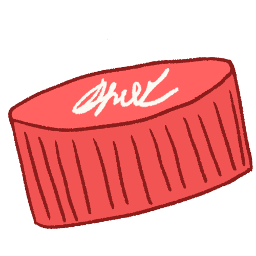 A drawing of a pink plastic bottlecap with a white scribble on the top. 